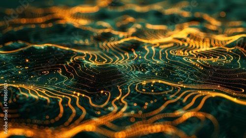 Abstract digital art of flowing golden lines resembling waves  with a tech feel.