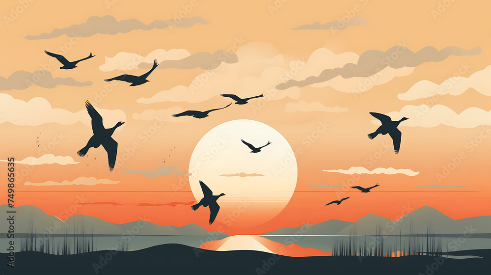 A vector illustration of a group of migrating birds.