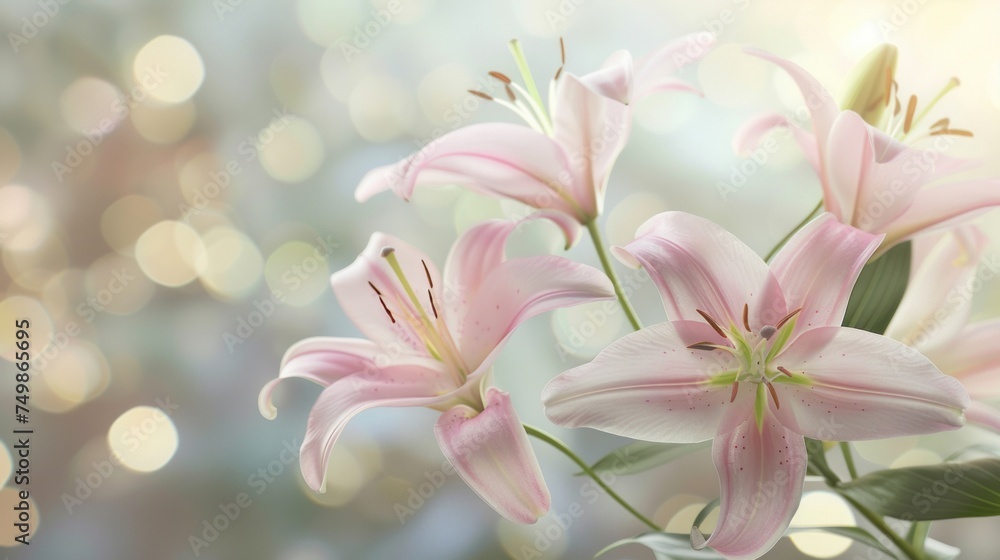 Soft focus of beautiful pink lilies with a warm bokeh light background.
