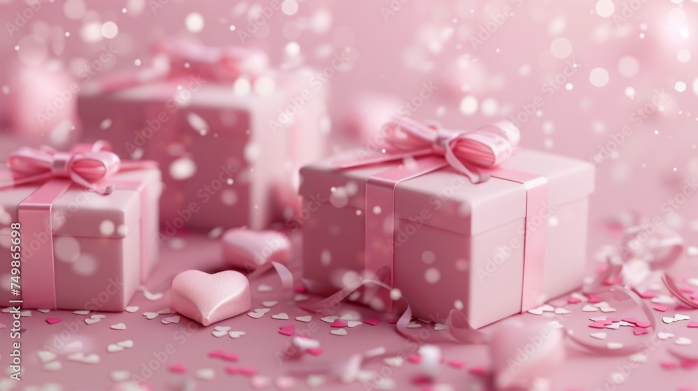 Valentine's or Mother's Day pink presents, ribbons, and heart confetti.