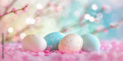 Easter eggs with delicate patterns laid on a bed of soft pastel pink petals, symbolizing springtime festivity.