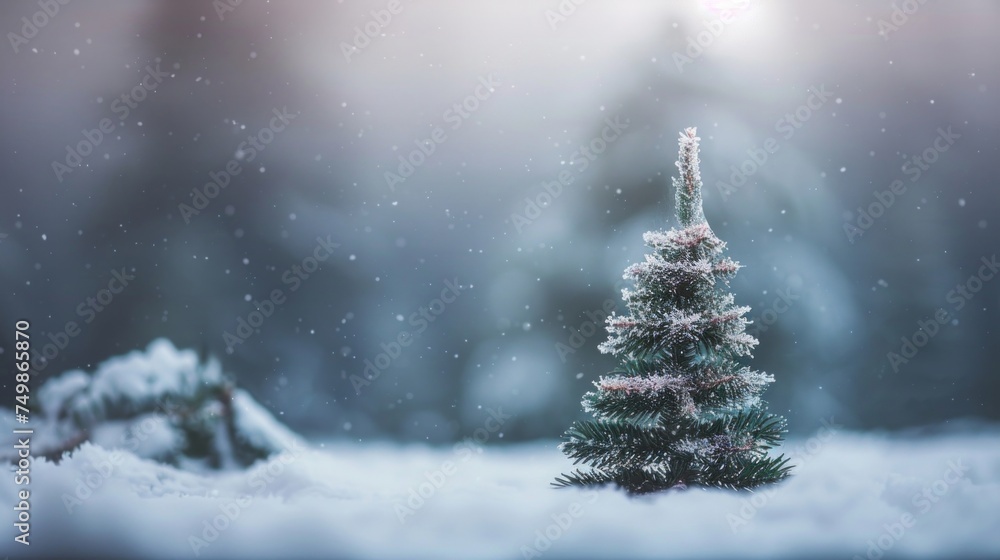 A small frosted Christmas tree stands alone in a tranquil, snowy winter landscape.
