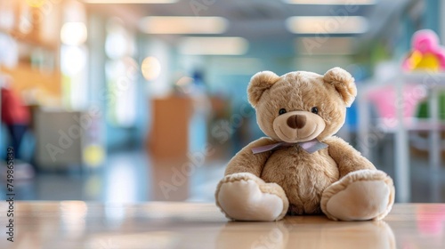 A lone teddy bear sits on a table in a brightly lit, colorful room, symbolizing comfort and waiting.