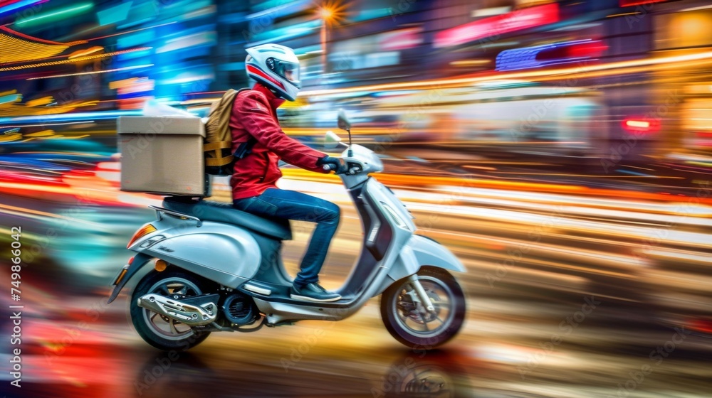 Speedy delivery service captured in motion blur against vibrant city lights at night.