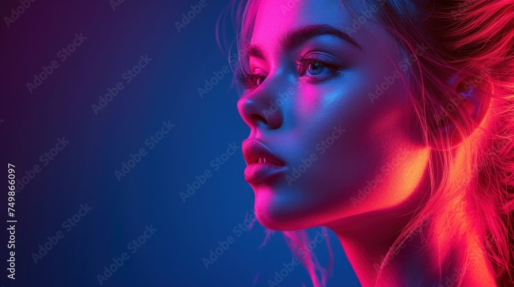 a close up of a woman's face with red and blue light coming out of the upper half of her face and the lower half of her face and upper half of the upper half of her face. a close up of a woman's face with red and blue light coming out of the upper half of her face and the lower half of her face and upper half of the upper half of her face.