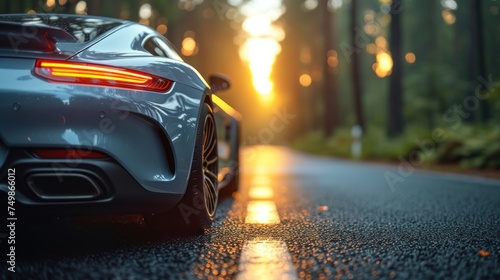  a close up of the tail lights of a sports car on a road in the middle of a forest with the sun shining down on the trees in the background.