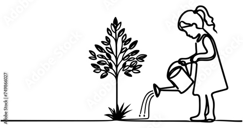 Continuous one black line art drawing Silhouette of children watering a tree. planting tree to save the world and earth day reduce global warming growth concept vector illustration on white background