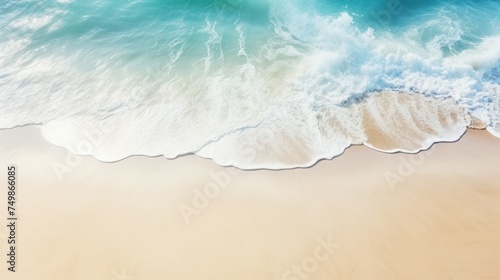 abstract sand beach from above with light blue transparent water wave and sun lights  summer vacation background concept banner with copy space  natural beauty spa outdoors