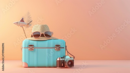 Blue suitcase with sun glasses, hat and camera on pastel peach background. travel concept minimal . 3d rendering 
