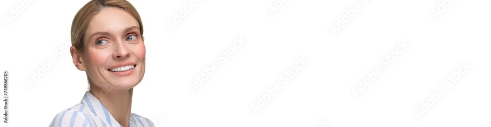 Woman with clean teeth smiling on white background, space for text. Banner design Woman with clean teeth smiling on white background, space for text. Banner design