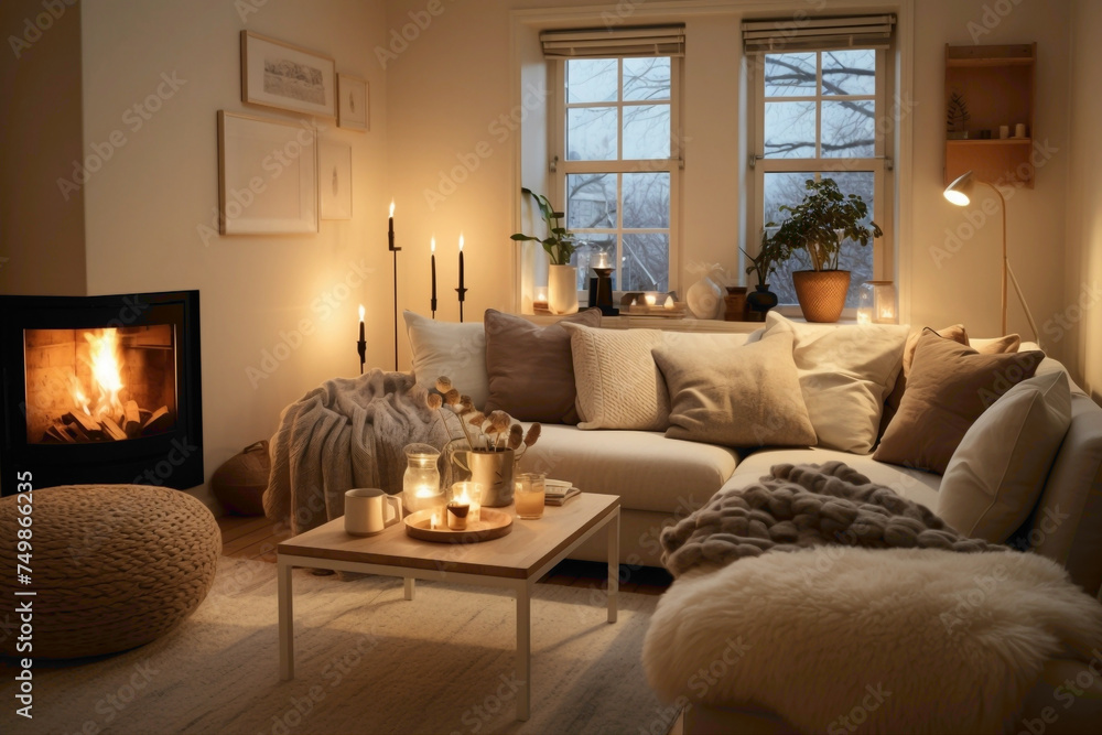 A cozy beige living room with Scandinavian-inspired furnishings, featuring warm textiles, plush rugs, and subtle accents of nature.