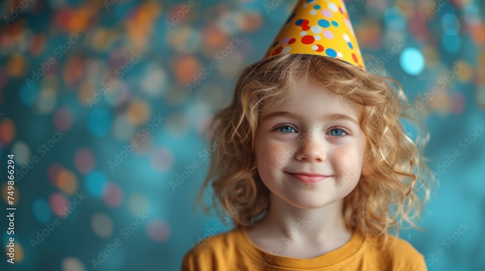  a little girl wearing a party hat with confetti on it's top and a blue background with confetti on it's sides and confetti on her head.