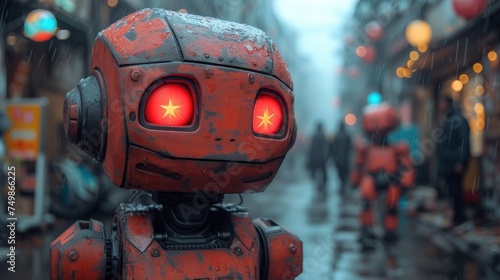 a robot with red eyes stands in the middle of a city street in the rain, with people walking on the sidewalk in the background and on a rainy day.