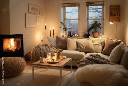 A cozy beige living room with Scandinavian-inspired furnishings  featuring warm textiles  plush rugs  and subtle accents of nature.