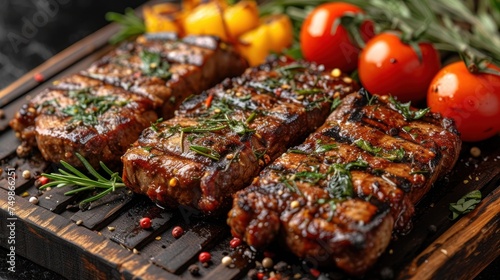  a wooden cutting board topped with meat covered in sauce and garnished with a sprig of rosemary next to a pile of tomatoes and small oranges.