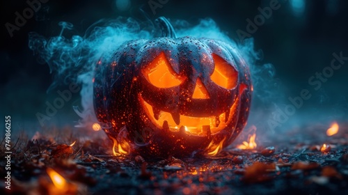  a glowing jack o lantern in the middle of a field with smoke coming out of it and a glowing jack o lantern in the middle of the middle of the field. © Marcel