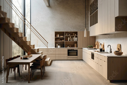 A modern Scandinavian kitchen with clean lines and warm beige accents, showcasing sleek appliances and marble countertops, complemented by a staircase with elegant wooden banisters.