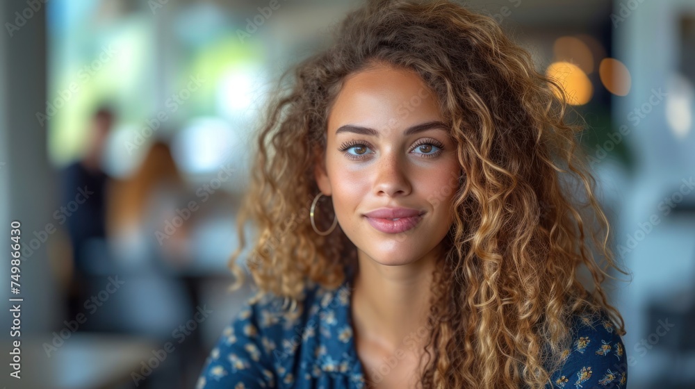 a close up of a person with curly hair and a blue shirt with a flowered shirt on and a blurry background of people in the backgros. a close up of a person with curly hair and a blue shirt with a flowered shirt on and a blurry background of people in the backgros.