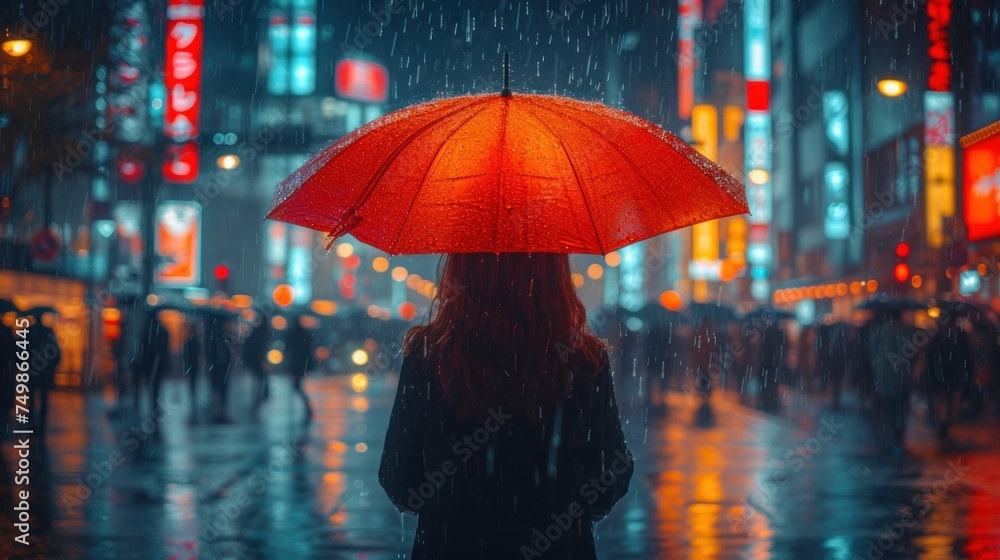  a woman standing in the rain holding an umbrella in the city at night with people walking on the street in the rain and neon signs on the buildings in the background.