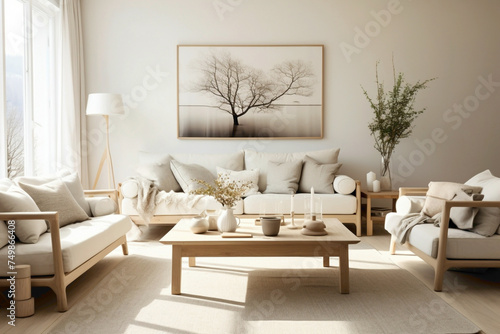 A cozy living room with a neutral color scheme of beige and ivory. Scandinavian furniture, such as a sleek sofa and coffee table, completes the inviting atmosphere.