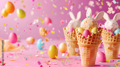 Waffle cone cups filled with colored eggs, Easter bunnies and ice cream. Easter pink background © Nataliia