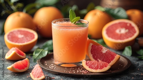  a grapefruit and grapefruit drink on a plate surrounded by grapefruit cut in half and grapefruits on the side of the table.