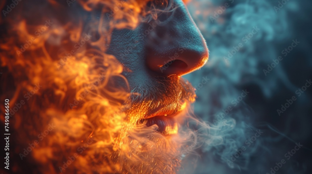 a close up of a man's face with a lot of fire coming out of his mouth ...