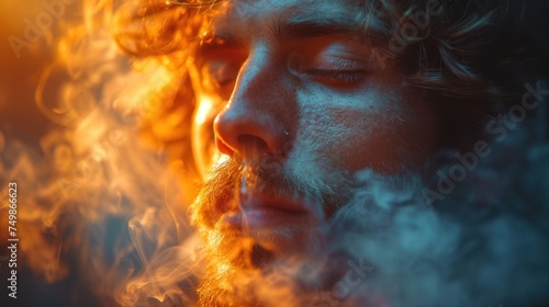  a close up of a man with long hair and a beard, with a lot of smoke coming out of his eyes and a cigarette in front of his mouth.