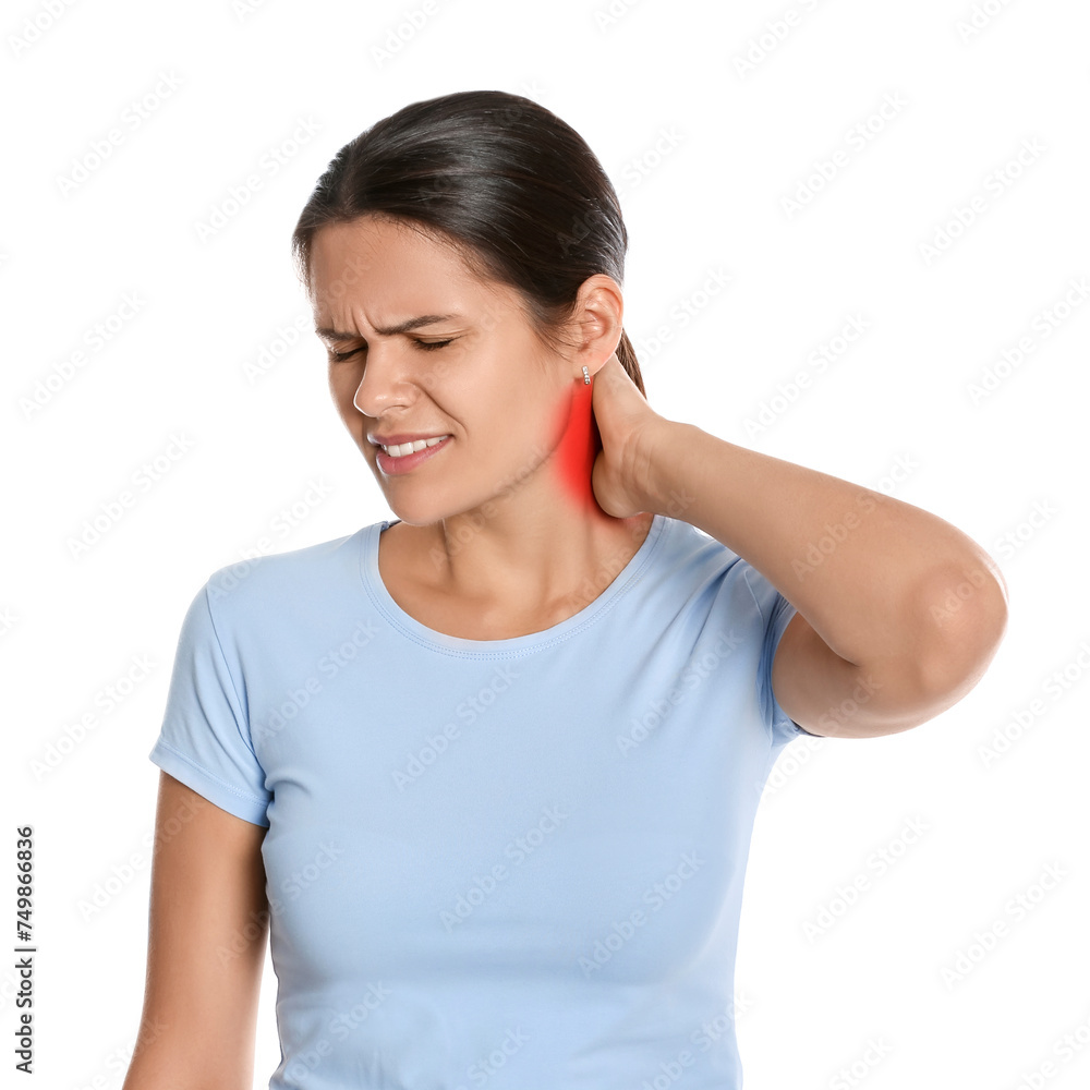 Woman suffering from rheumatism on white background Woman suffering from rheumatism on white background