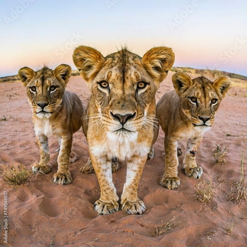 a group of young small teenage lions curiously looking straight into the camera in the desert