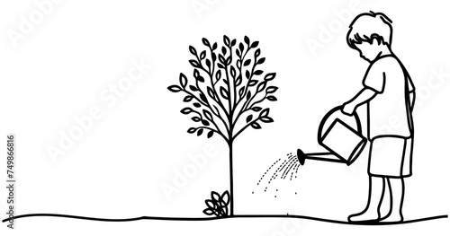 Continuous one black line art drawing Silhouette of children watering a tree. planting tree to save the world and earth day reduce global warming growth concept vector illustration on white background