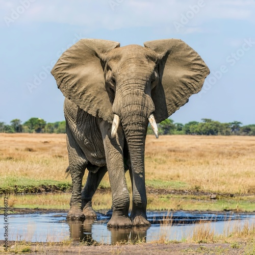 Africa, Botswana, Chobe National Park, African Elephant stands at edge of water hole in Savuti Marsh photo