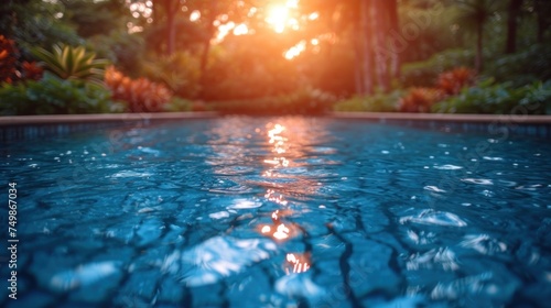  the sun shines brightly through the trees in the background as a pool of water sits in the foreground of a garden with flowers and trees in the foreground.