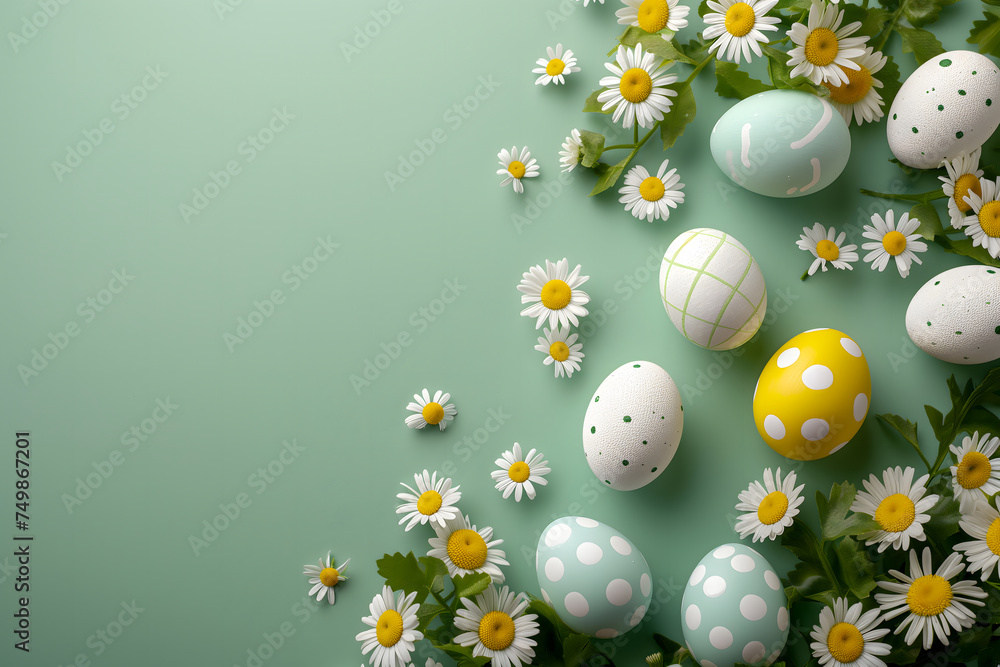 Easter eggs day background with copy space, high angle view. Neural network generated image. Not based on any actual scene or pattern. Easter eggs day background with copy space, high angle view. Neural network generated image. Not based on any actual scene or pattern.