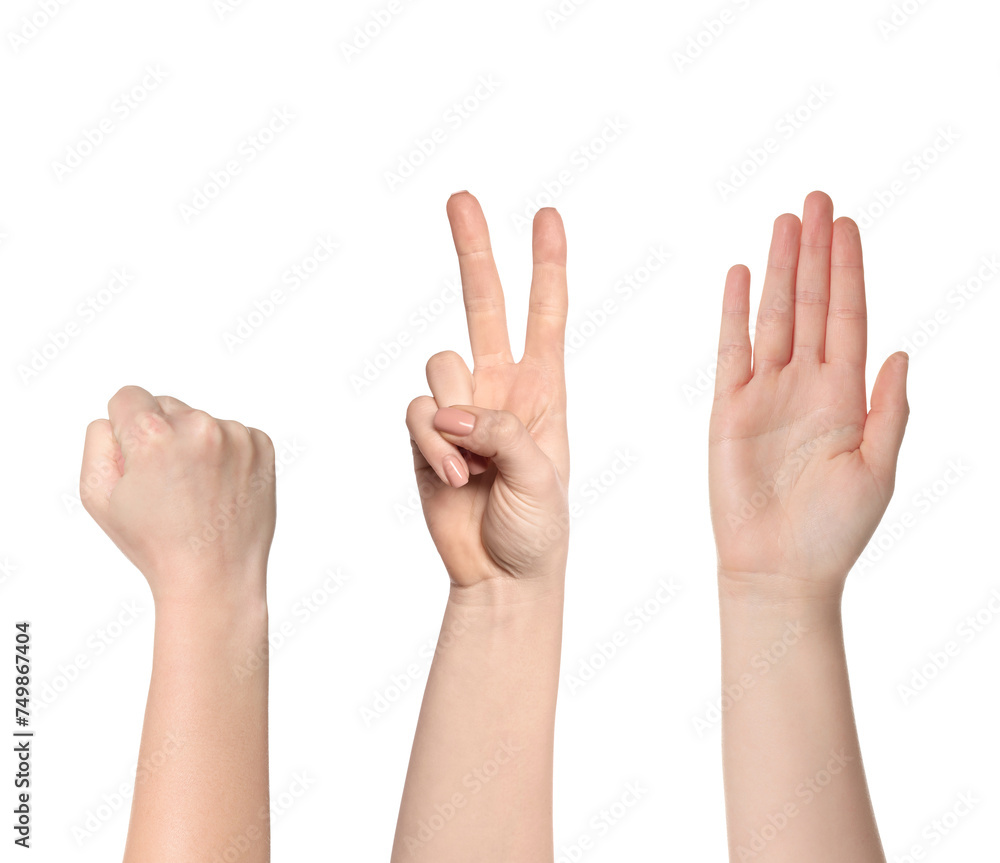 People playing rock, paper and scissors on white background, closeup People playing rock, paper and scissors on white background, closeup