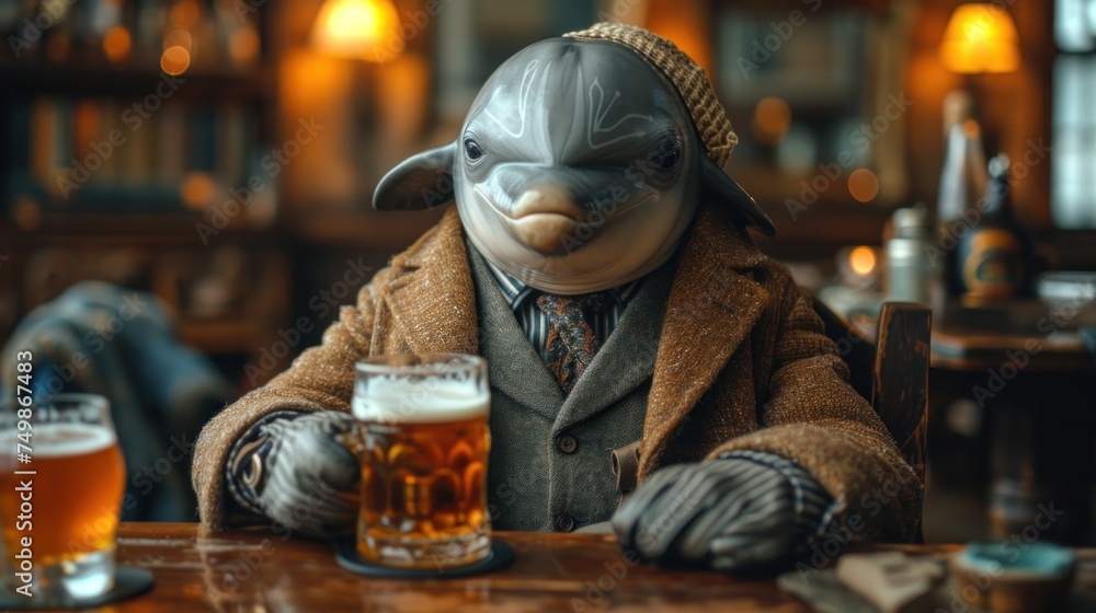  a statue of a dolphin sitting at a table with a glass of beer in front of it and a mug of beer in front of it on a table in a bar. - obrazy, fototapety, plakaty 