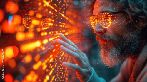  a man with a beard and glasses is looking at a computer screen that has glowing lights on it and he is holding his hand out to the screen with his right hand.