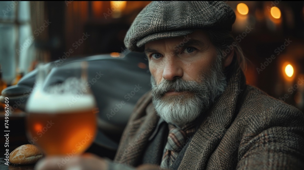 a man with a beard sitting at a table with a glass of beer and a loaf of bread in front of him on a table in front of a bar. a man with a beard sitting at a table with a glass of beer and a loaf of bread in front of him on a table in front of a bar.