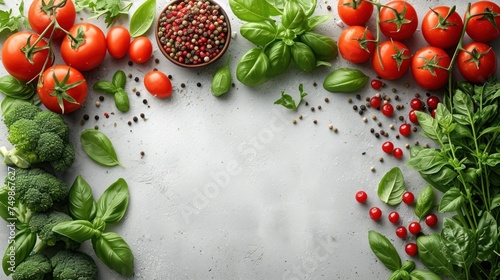  tomatoes, broccoli, spinach, and other vegetables are arranged on a white surface with space for a text on the left side of the image is a bowl of tomatoes, basil, tomatoes, broccoli, spinach,.