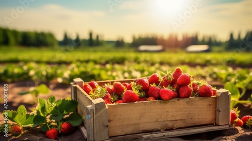 A wooden box full of freshly picked red ripe delicious strawberries stands in a farmer's field, on a berry plantation. Summer, Harvest, Agricultural Business concepts.