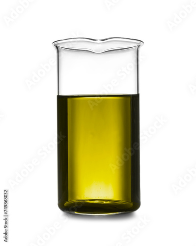 Photos Beaker with yellow liquid isolated on white. Laboratory glassware