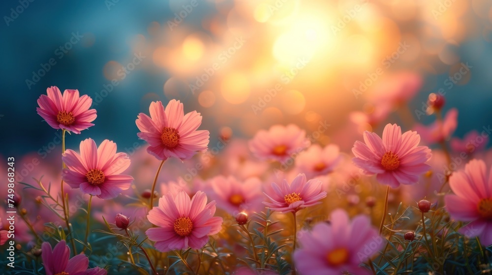  a field full of pink flowers with the sun shining through the clouds in the background and a blurry image of the sun shining through the clouds in the background.