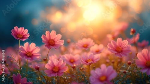  a field full of pink flowers with the sun shining through the clouds in the background and a blurry image of the sun shining through the clouds in the background.