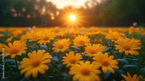  a field of sunflowers with the sun setting in the distance in the middle of the day in the distance is a field of green grass with yellow flowers in the foreground.