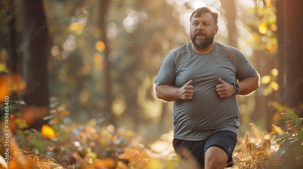 Overweight man jogging in the park. summer flair. Overweight man jogging in the park. summer flair.