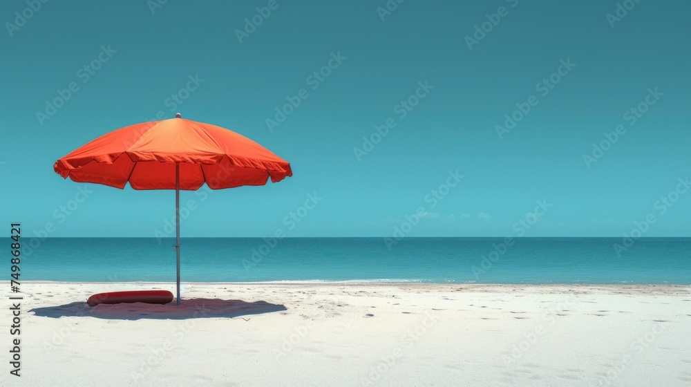  an orange umbrella sitting on top of a sandy beach next to a body of water with a blue sky in the backgrounnd of the picture and a blue sky in the background.