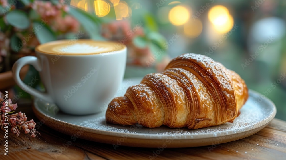  a croissant sits on a plate next to a cup of cappuccino on a table next to a vase of flowers and a potted plant.