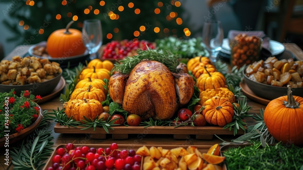  a table topped with lots of different types of fruits and veggies and a turkey on a platter surrounded by oranges, apples, oranges, cranberries, and pineapples.