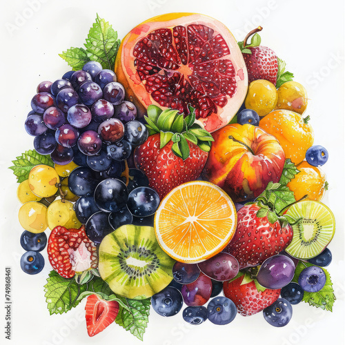 A burst of color with watercolor citrus slices and an assortment of berries, artistically splattered with paint.