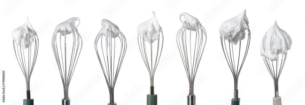 Many different whisks with cream isolated on white, collection Many different whisks with cream isolated on white, collection